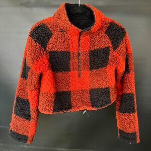 Reversible buffbunny in tents crop sweater fleece plaid